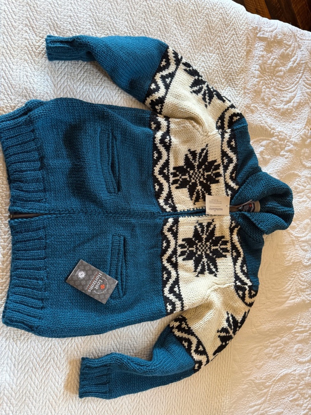 Teal and Cream Snowflake Zip-Up Women's Cardigan Sweater